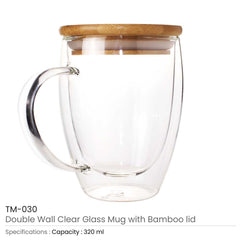 Double Wall Clear Glass Mug With Bamboo Lid | Logo Branding Corporate Gift | UAE Delivery | Yalla Printing UAE