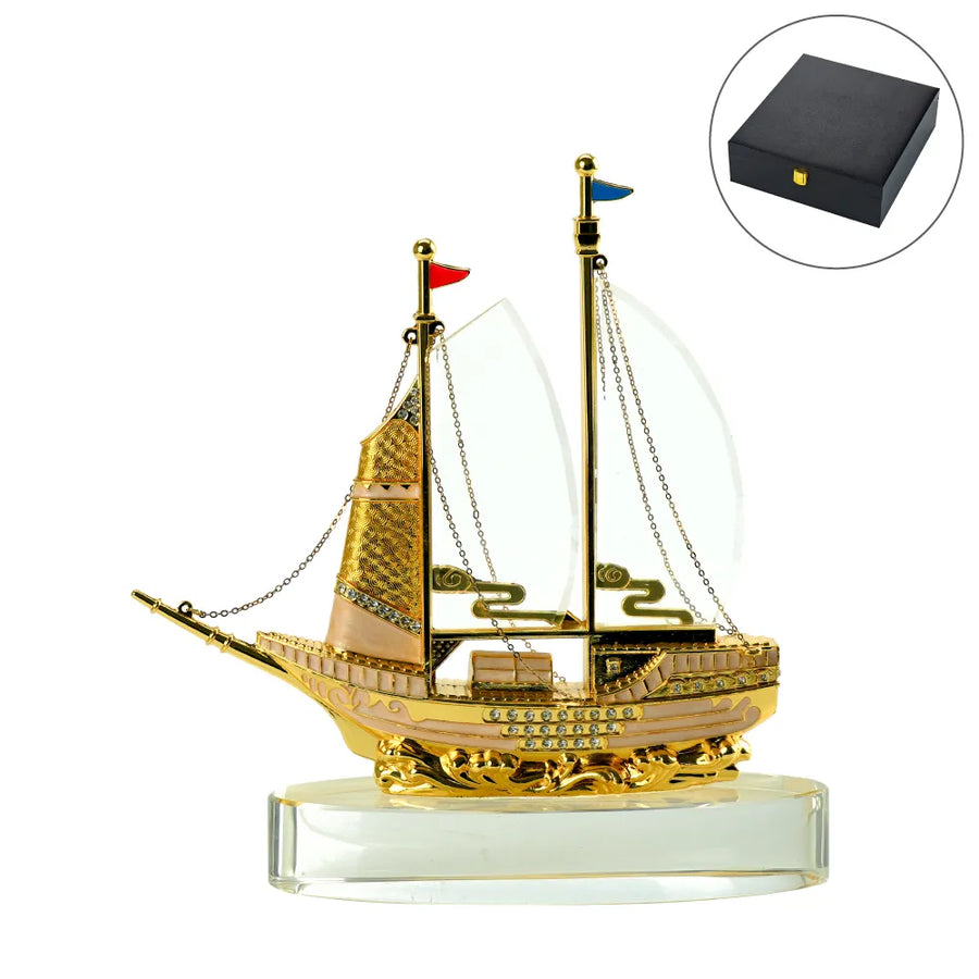 Custom Printed Golden Boat - Shaped Memento In Metal With Glass Base - Stainless Steel | Logo Branding Corporate Gift | UAE Delivery | Yalla Printing UAE
