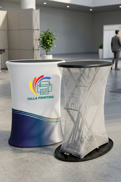 Custom Printed Hydraulic Tension Fabric Table 78 x 100 cm with Oval Table Top – Single Side Tension Fabric Display Counter | Logo Branding Corporate Gift | UAE Delivery | Yalla Printing UAE