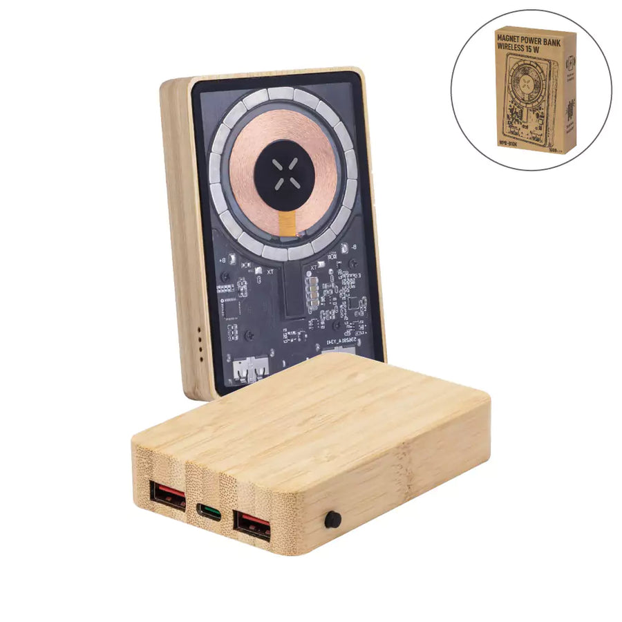 USB Drives – Magnetic Fast Wireless Powerbank 15W in Bamboo Casing | Corporate Gifts & Promotions – Yalla Printing UAE