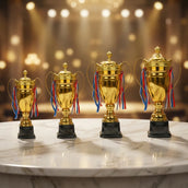 Metal Close Cup Trophies with Two-Sided Handle & Attached Ribbons