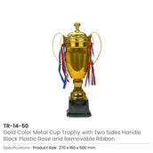 Metal Close Cup Trophies with Two-Sided Handle & Attached Ribbons