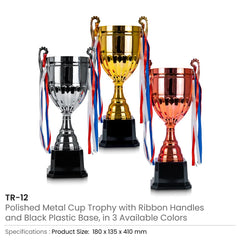 Metal Cup Trophies With Removable Ribbon Attached To Both Handles