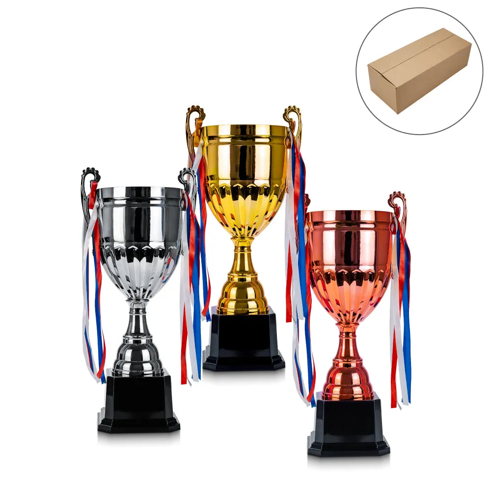 Metal Cup Trophies With Removable Ribbon Attached To Both Handles