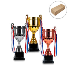 Metal Cup Trophies With Removable Ribbon Attached To Both Handles