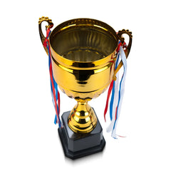 Metal Cup Trophies With Removable Ribbon Attached To Both Handles