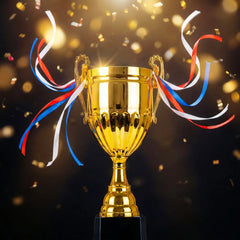 Metal Cup Trophies With Removable Ribbon Attached To Both Handles