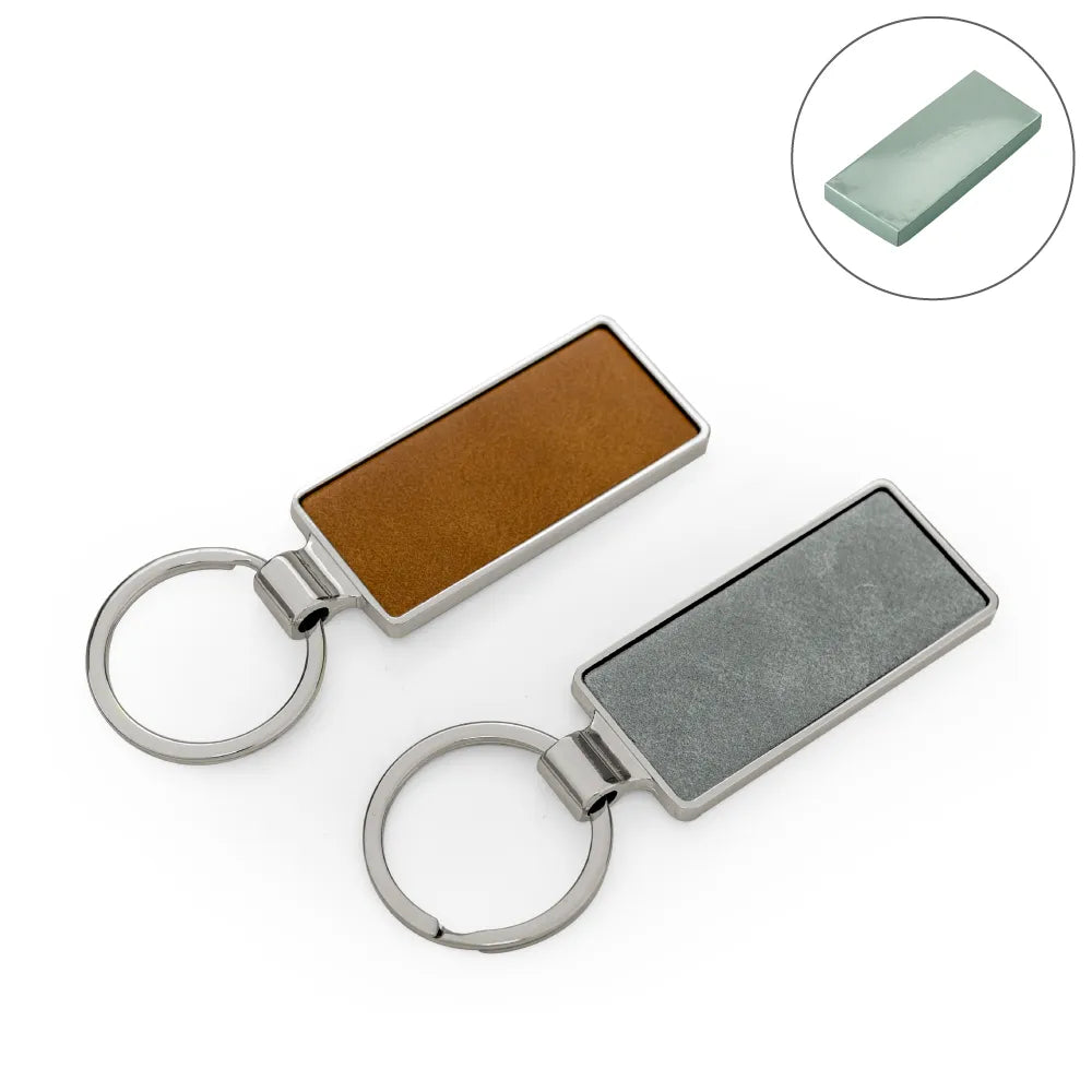 Custom Printed Silver Shiny Metal Keychains With Laserable Pu Leather Plate | Logo Branding Corporate Gift | UAE Delivery | Yalla Printing UAE