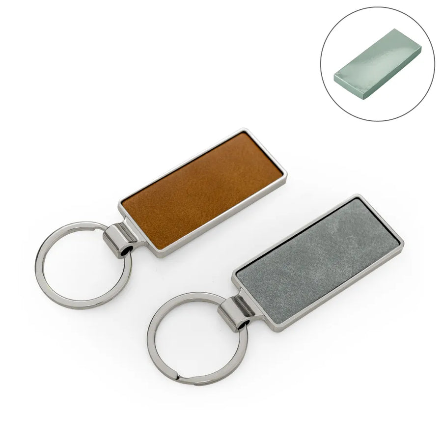Silver Shiny Metal Keychains with Laserable PU Leather Plate | Custom Packaging Printing | Free Design Support | Yalla Printing UAE