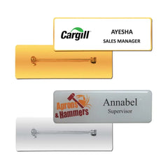 Custom Printed Shiny Gold And Silver Plated Metal Name Badges - Stainless Steel | Logo Branding Corporate Gift | UAE Delivery | Yalla Printing UAE