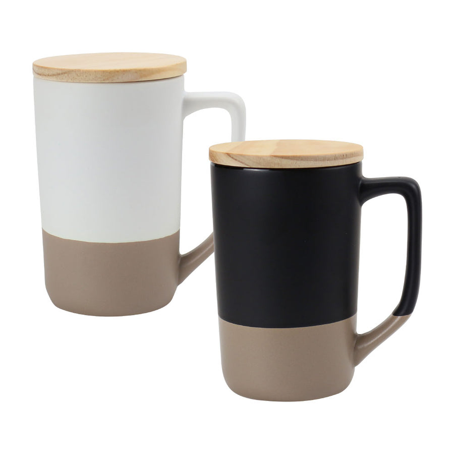 Custom Printed Two - Toned Ceramic Mugs With Clay Bottom, Bamboo Lid 15 Oz - Ceramic | Logo Branding Corporate Gift | UAE Delivery | Yalla Printing UAE