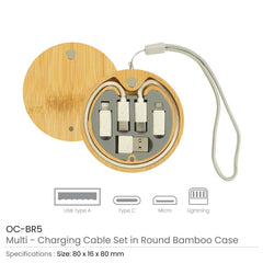 Custom Printed Multi - Charging Cable Set In Round Bamboo Case - Bamboo | Exhibitions, Conferences, Corporate Events | Yalla Printing UAE