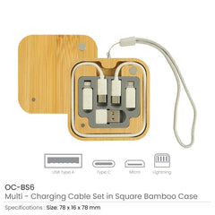 Custom Printed Multi - Charging Cable Set In Square Bamboo Case - Bamboo | Exhibitions, Conferences, Corporate Events | Yalla Printing UAE