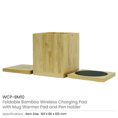 Custom Printed Foldable Bamboo Fast Wireless Charging Pad 15W With Mug Warmer And Pen Holder - Bamboo | Logo Branding Corporate Gift | UAE Delivery | Yalla Printing UAE