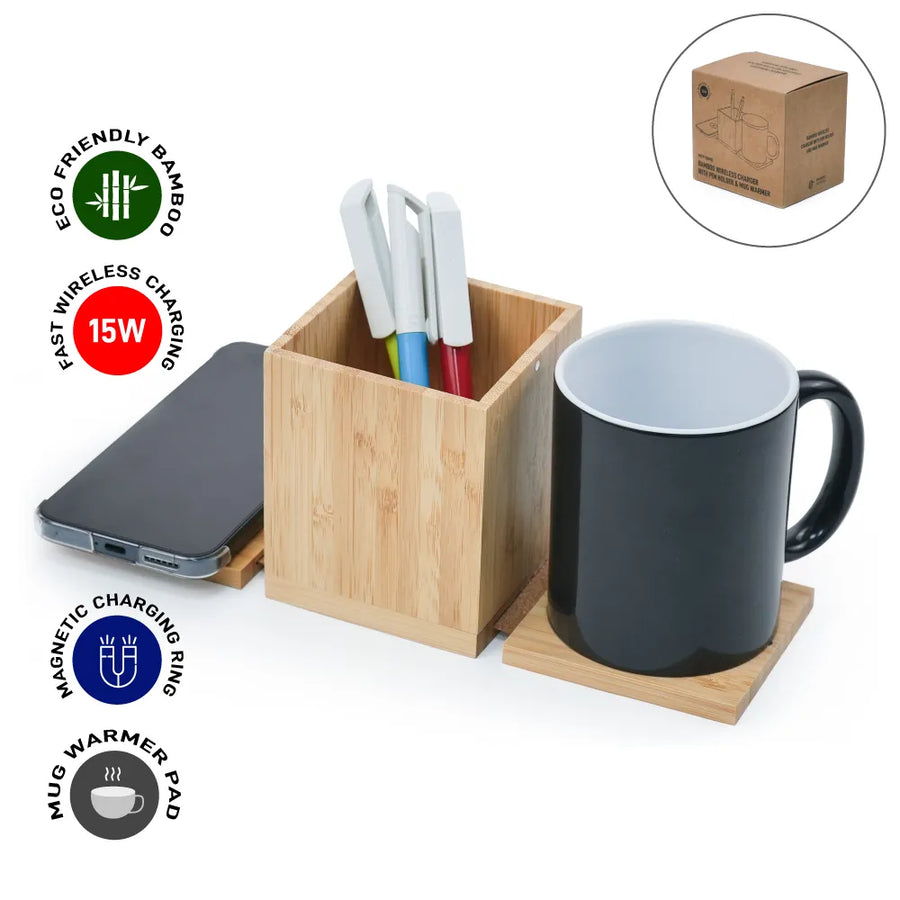 Custom Printed Foldable Bamboo Fast Wireless Charging Pad 15W With Mug Warmer And Pen Holder - Bamboo | Exhibitions, Conferences, Corporate Events | Yalla Printing UAE