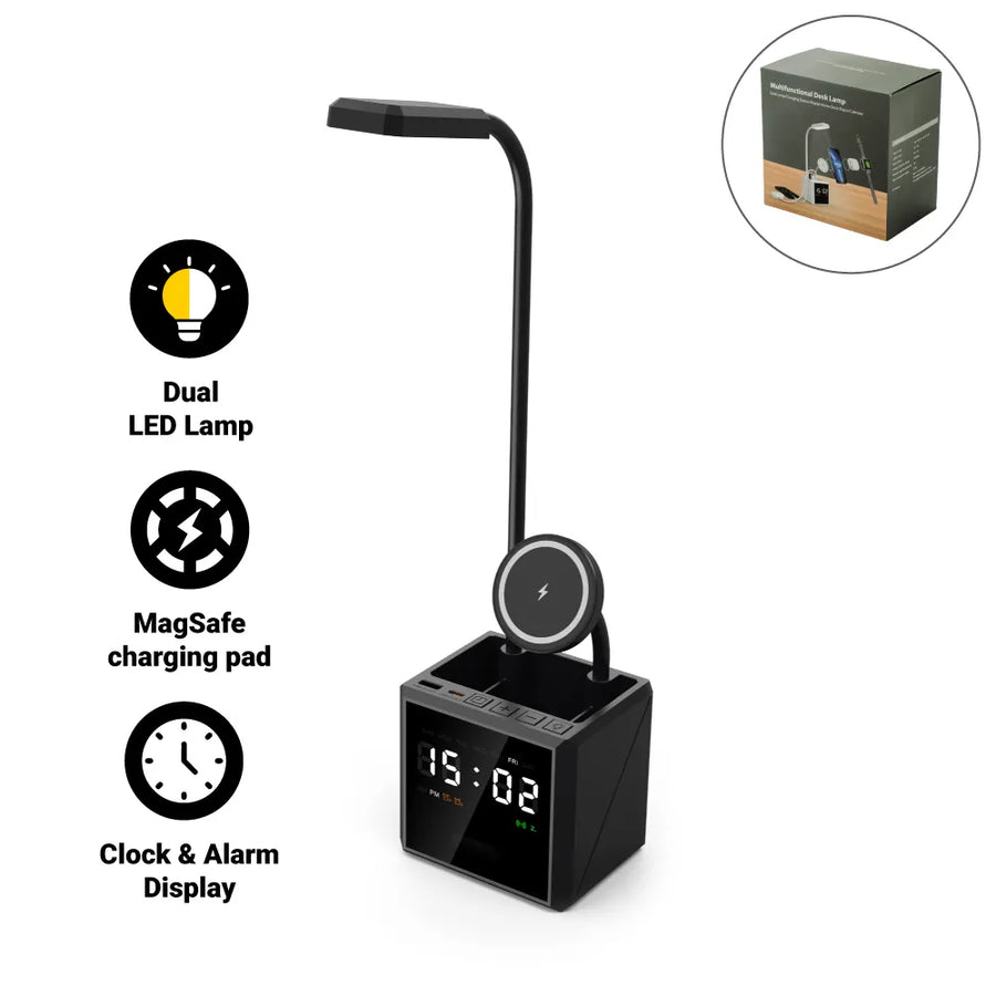 Multi-functional Desk Lamp With Wireless Charger And Clock