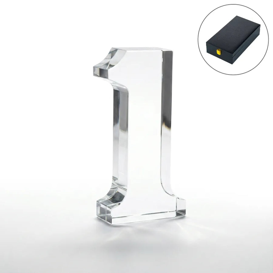 Crystal Awards – Crystal Glass Trophy in Number One Shape with Gold Lock Closure Box | Custom Packaging Printing | Free Design Support | Yalla Printing UAE
