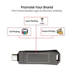 Custom Printed Swivel Otg USB In Gun Metal 64Gb V. 3.0 Type C - Stainless Steel | Logo Branding Corporate Gift | UAE Delivery | Yalla Printing UAE