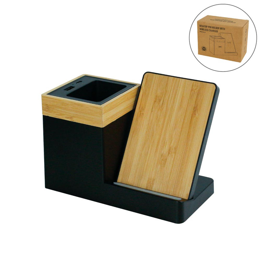 Bamboo Pen Holder with 15W Wireless Charger &amp; LED Logo