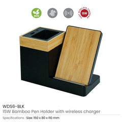Custom Printed Bamboo Pen Holder With 15W Wireless Charger & LED Logo - Bamboo | Exhibitions, Conferences, Corporate Events | Yalla Printing UAE