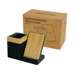 Custom Printed Bamboo Pen Holder With 15W Wireless Charger & LED Logo - Bamboo | Exhibitions, Conferences, Corporate Events | Yalla Printing UAE