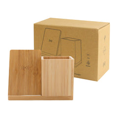 Bamboo Pen Holder with 10W Wireless Charger | Corporate Tech Gift – Yalla Printing UAE