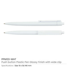 Custom Printed Plastic Pens White Color, Push Button, Wide Clip | Logo Branding Corporate Gift | UAE Delivery | Yalla Printing UAE