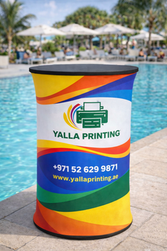 Custom Printed Standard Fabric Pillar Table with Round Table Top – Tension Fabric Display Counter with Single Side Print | Professional Business Printing | Free Design Support | Yalla Printing UAE