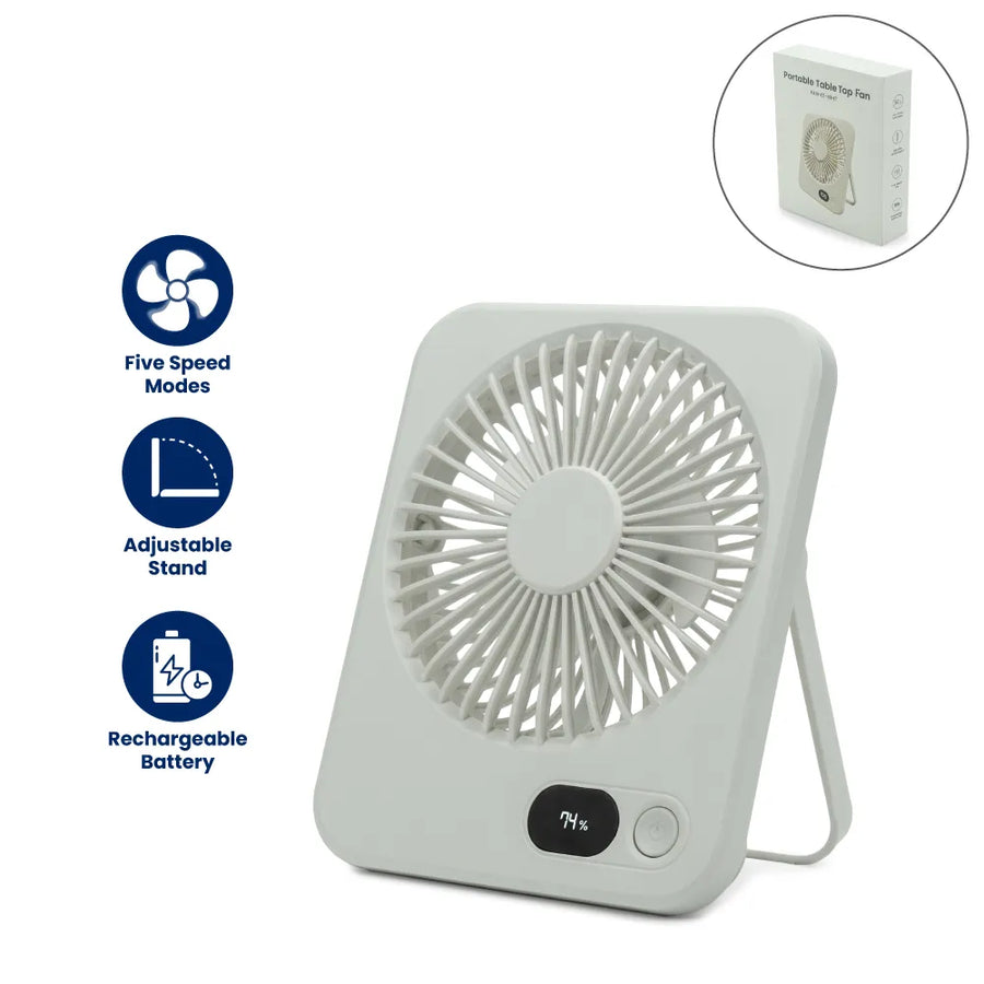 Rechargeable Table-Top Fan with Rotating Desk Stand, Compact & Portable, Type-C