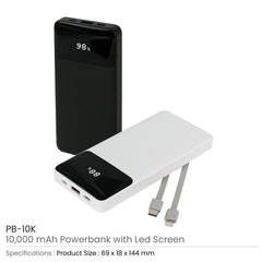 Powerbank With LED Screen 10,000 Mah & Built-in Cables