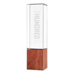 Custom Printed Cuboid Shaped Crystal Awards With Wooden Base | Custom Packaging Printing | Free Design Support | Yalla Printing UAE