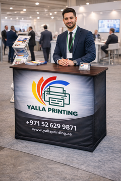 Custom Printed Fabric Velcro Table 100 x 100 cm – Satin Fabric Single Side Print with Velcro Installation and Rectangle Table Top | Professional Business Printing | Free Design Support | Yalla Printing UAE