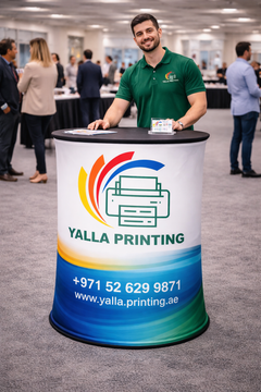 Custom Printed Standard Fabric Pillar Table with Round Table Top – Tension Fabric Display Counter with Single Side Print | Professional Business Printing | Free Design Support | Yalla Printing UAE