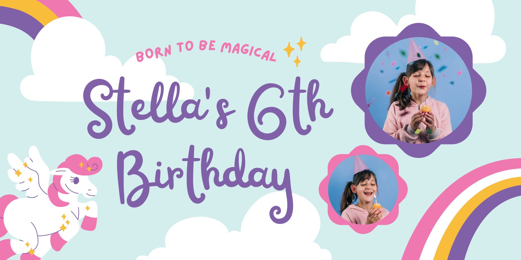 Purple, Pink, Yellow, and Blue Unicorn Princess Birthday Banner for Kids and Toddlers - Yalla Printing