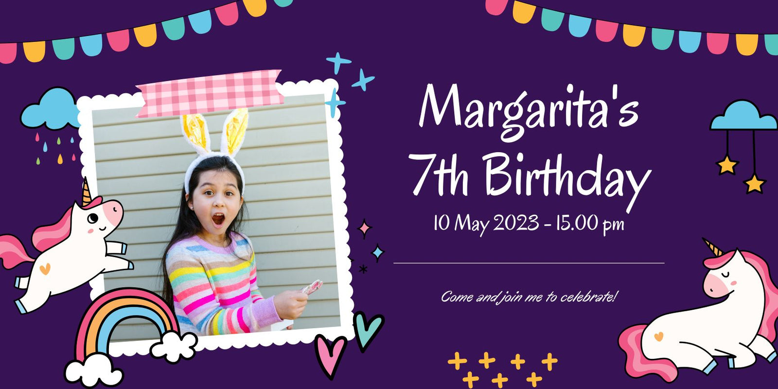 Purple Unicorn Concept Birthday Kids Party Banner on PVC Flex - Yalla Printing