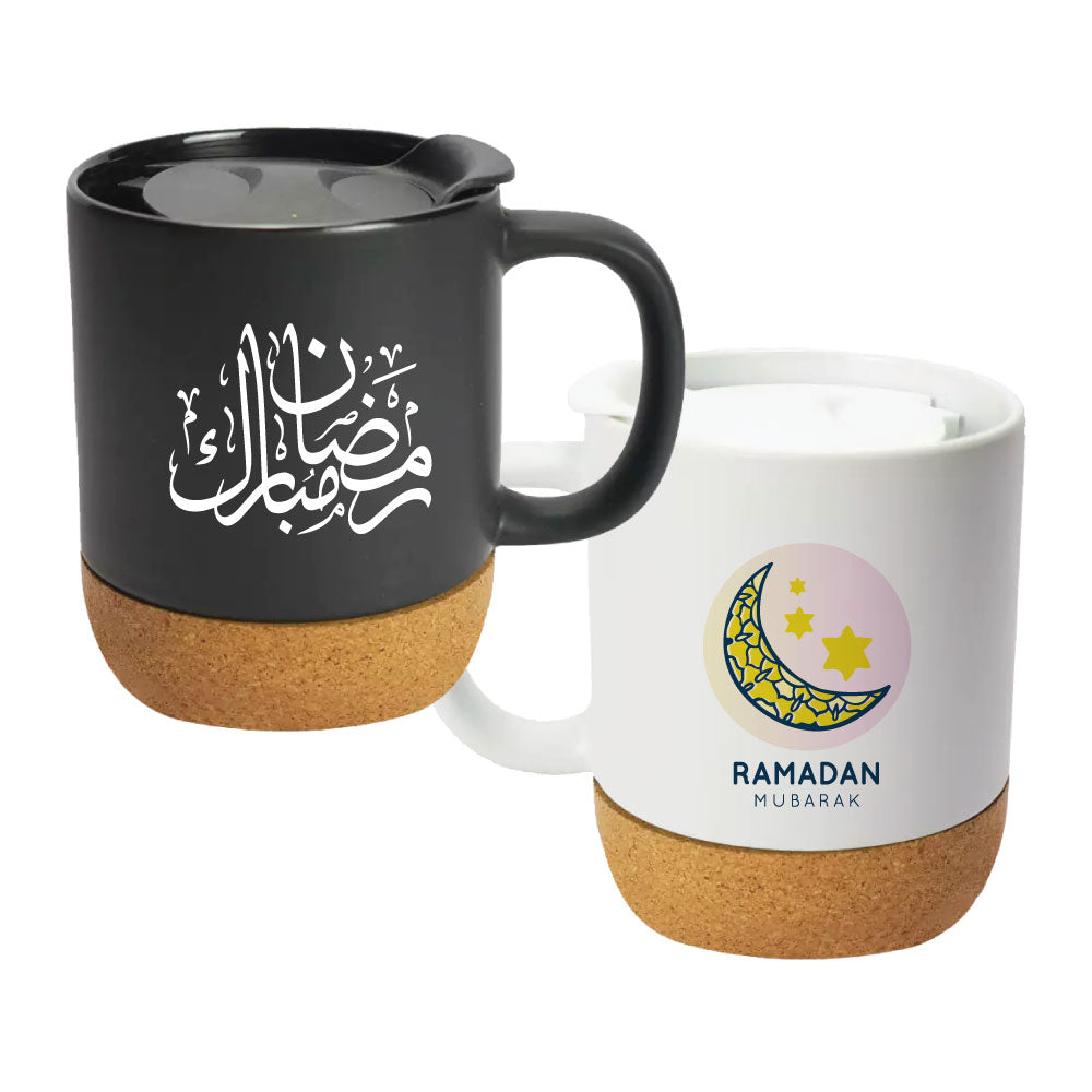 Custom Printed Ceramic Mugs with Lid and Cork Base 385 ml - Ramadan Gifts | Custom Packaging Printing | Free Design Support | Yalla Printing UAE