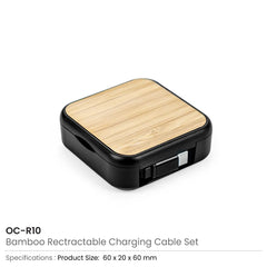 Custom Printed Retractable Charging Cable Set With Bamboo Top - 60W Fast Charging - Bamboo | Exhibitions, Conferences, Corporate Events | Yalla Printing UAE