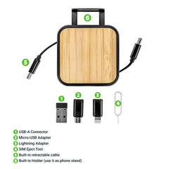 Custom Printed Retractable Charging Cable Set With Bamboo Top - 60W Fast Charging - Bamboo | Exhibitions, Conferences, Corporate Events | Yalla Printing UAE