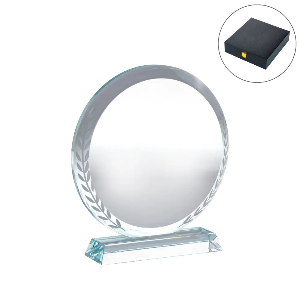 Custom Printed Round Clear Crystal Award With Engraved Leaves | Exhibitions, Conferences, Corporate Events | Yalla Printing UAE