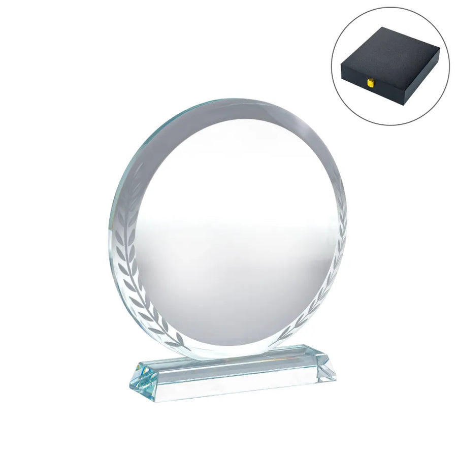 Crystal Awards – Round Clear Crystal Award with Engraved Leaves | Custom Packaging Printing | Free Design Support | Yalla Printing UAE