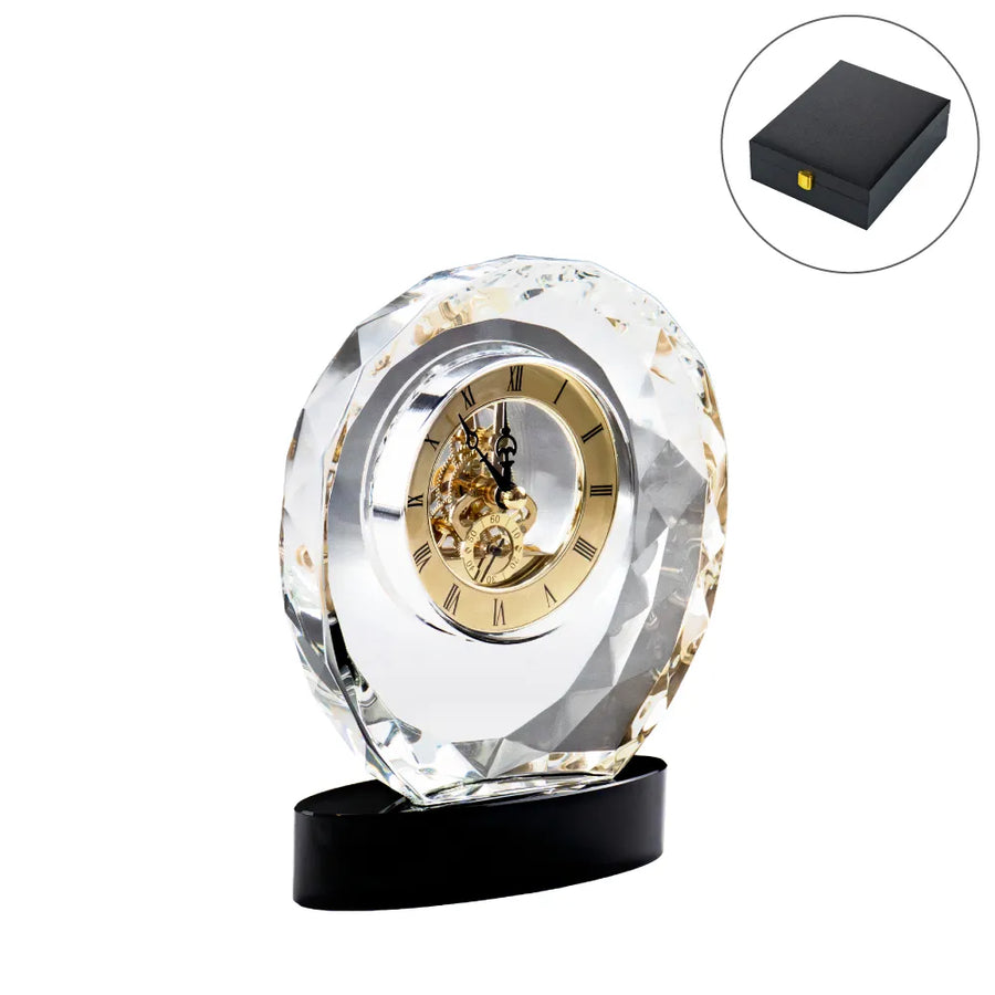 Crystal Awards – Round Crystal Clock Awards with Oval Glass Base in Box | Custom Packaging Printing | Free Design Support | Yalla Printing UAE