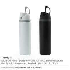 Custom Printed Ss Bottles With Straw & Push Button Lid - Double - Wall Vacuum, 1Liter - Stainless Steel | Exhibitions, Conferences, Corporate Events | Yalla Printing UAE