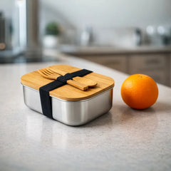 Custom Printed Stainless Steel Lunch Box With Bamboo Lid & Strap - Stainless Steel | Custom Packaging Printing | Free Design Support | Yalla Printing UAE