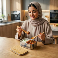 Custom Printed Stainless Steel Lunch Box With Bamboo Lid & Strap - Stainless Steel | Custom Packaging Printing | Free Design Support | Yalla Printing UAE