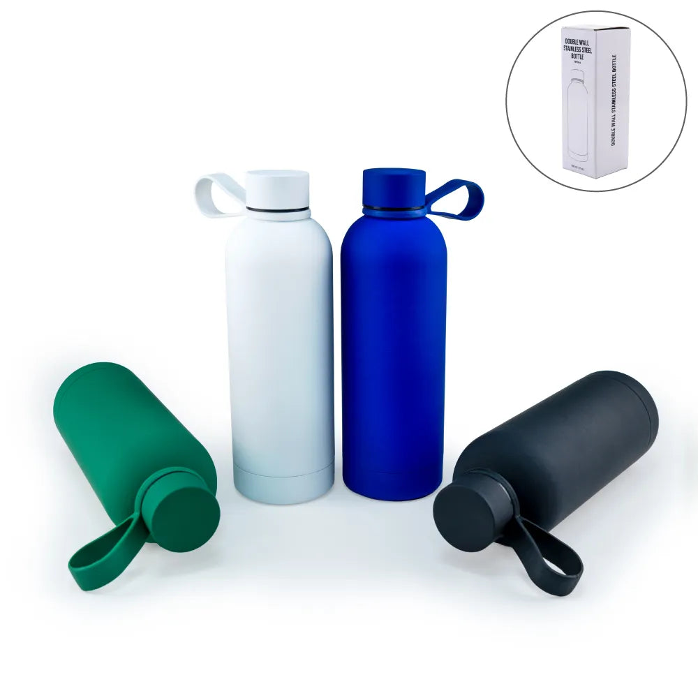 Stainless Steel Water Bottles 500ml – Double Wall, Matte Finish, Soft-touch Rubber Coating