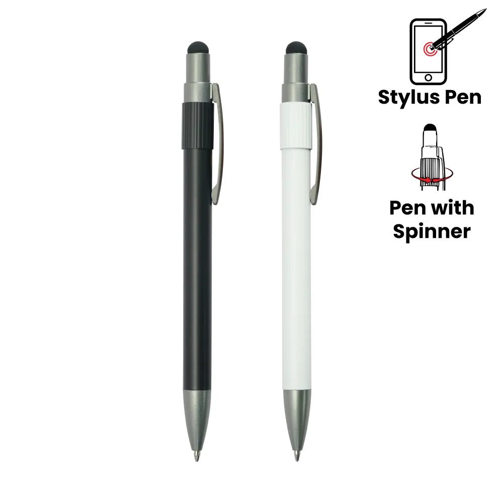 Custom Printed Stylus Metal Spinner Pens - Push Button (Blue Ink) - Stainless Steel | Logo Branding Corporate Gift | UAE Delivery | Yalla Printing UAE
