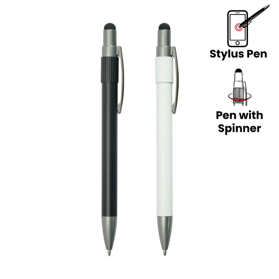 Custom Printed Stylus Metal Spinner Pens - Push Button (Blue Ink) - Stainless Steel | Logo Branding Corporate Gift | UAE Delivery | Yalla Printing UAE