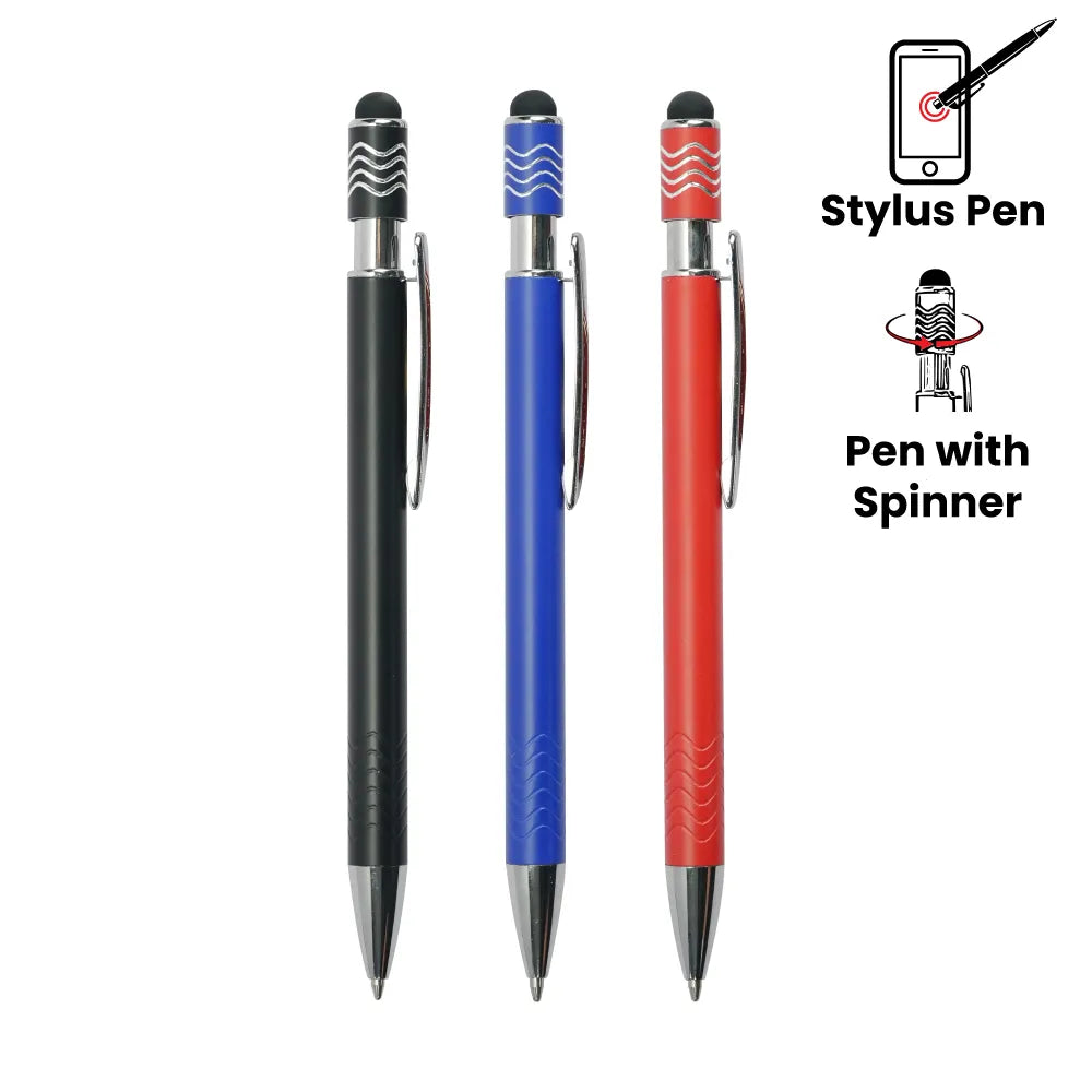 Custom Printed Stylus Metal Pens with Wave Design Top Spinner – Push Button (Blue Ink) | Logo Branding Corporate Gift | UAE Delivery | Yalla Printing UAE