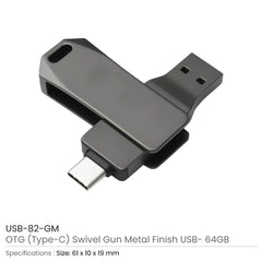 Custom Printed Swivel Otg USB In Gun Metal 64Gb V. 3.0 Type C - Stainless Steel | Logo Branding Corporate Gift | UAE Delivery | Yalla Printing UAE