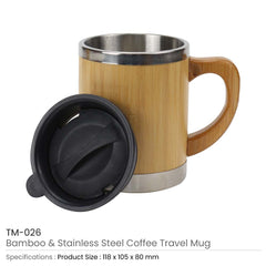 Custom Printed Bamboo And Stainless Steel Coffee Travel Mug With Handle And Lid - Stainless Steel | Logo Branding Corporate Gift | UAE Delivery | Yalla Printing UAE
